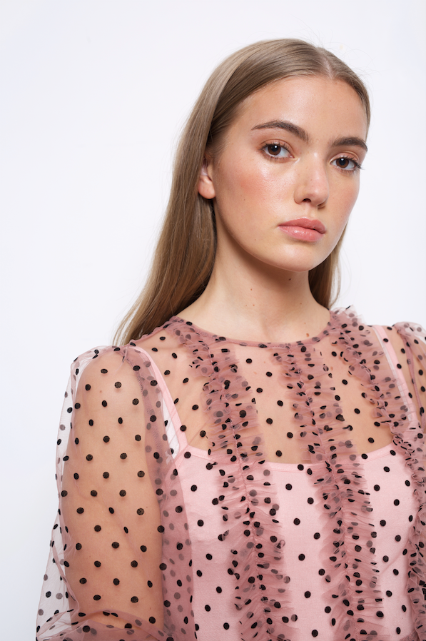 Annie Pink Spot Mesh Ruffle Tiered Midi Dress | AMYLYNN