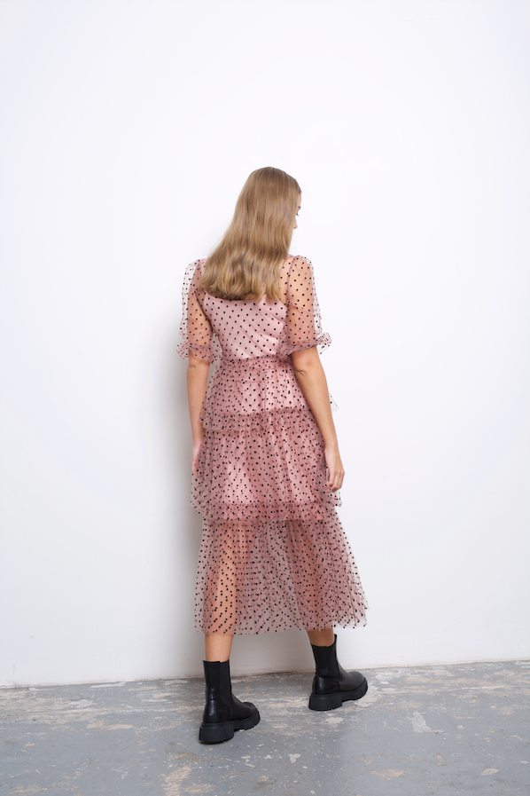 Annie Pink Spot Mesh Ruffle Tiered Midi Dress | AMYLYNN