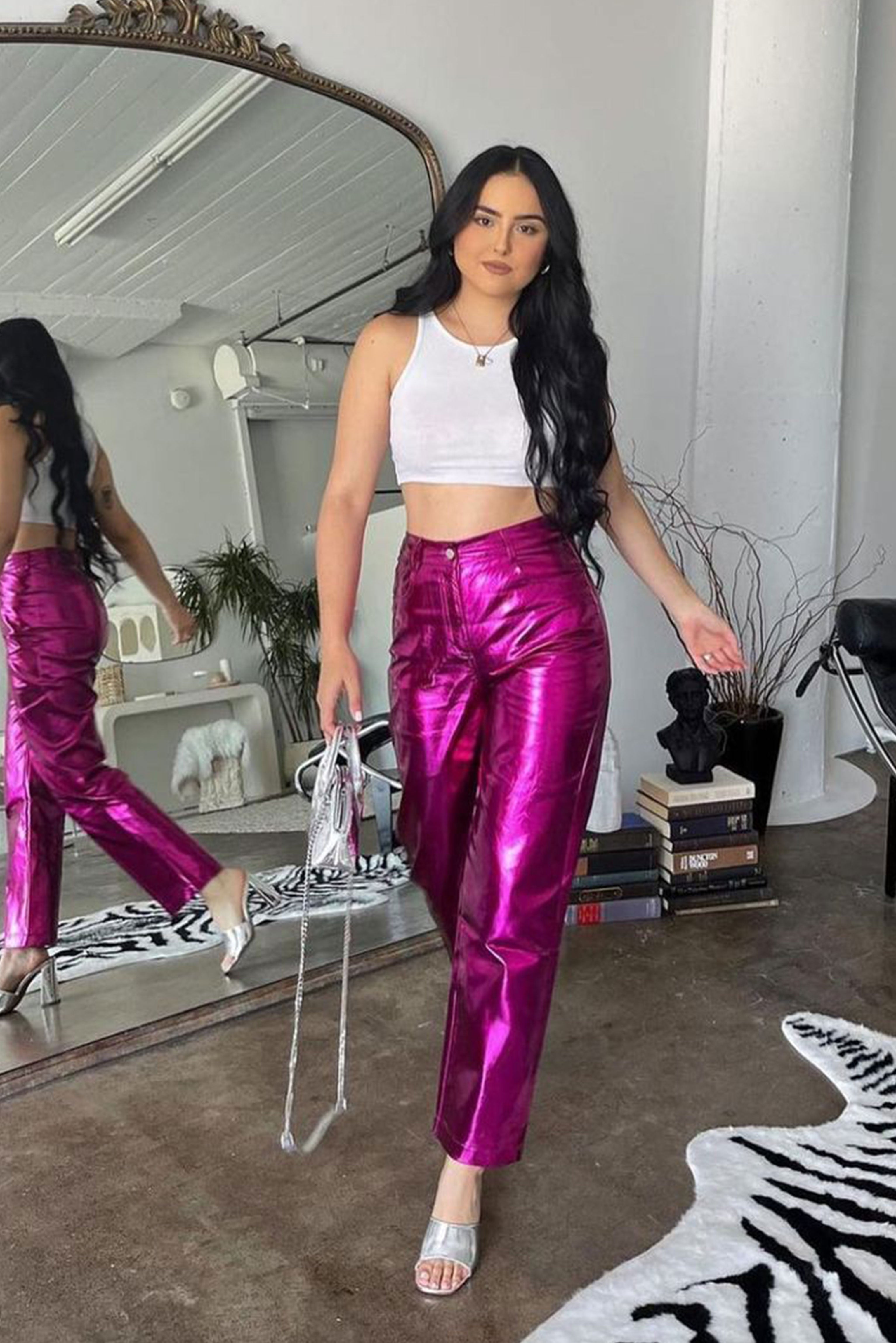 Lupe Shiny Magenta Pink Metallic PU High Waisted Straight Leg Trousers