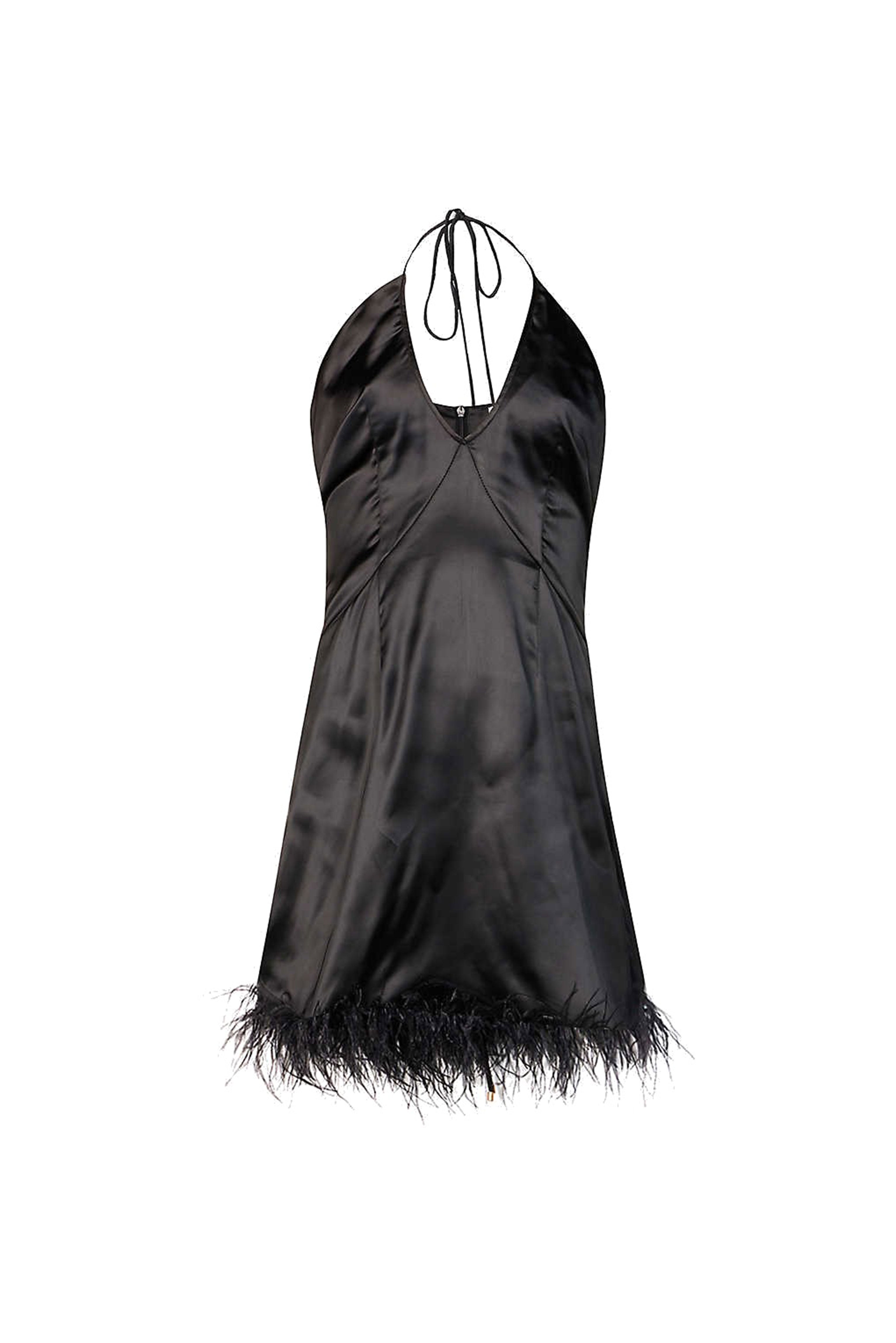 Aaesha Black Silky Satin Faux Feather Mini Dress | AMYLYNN