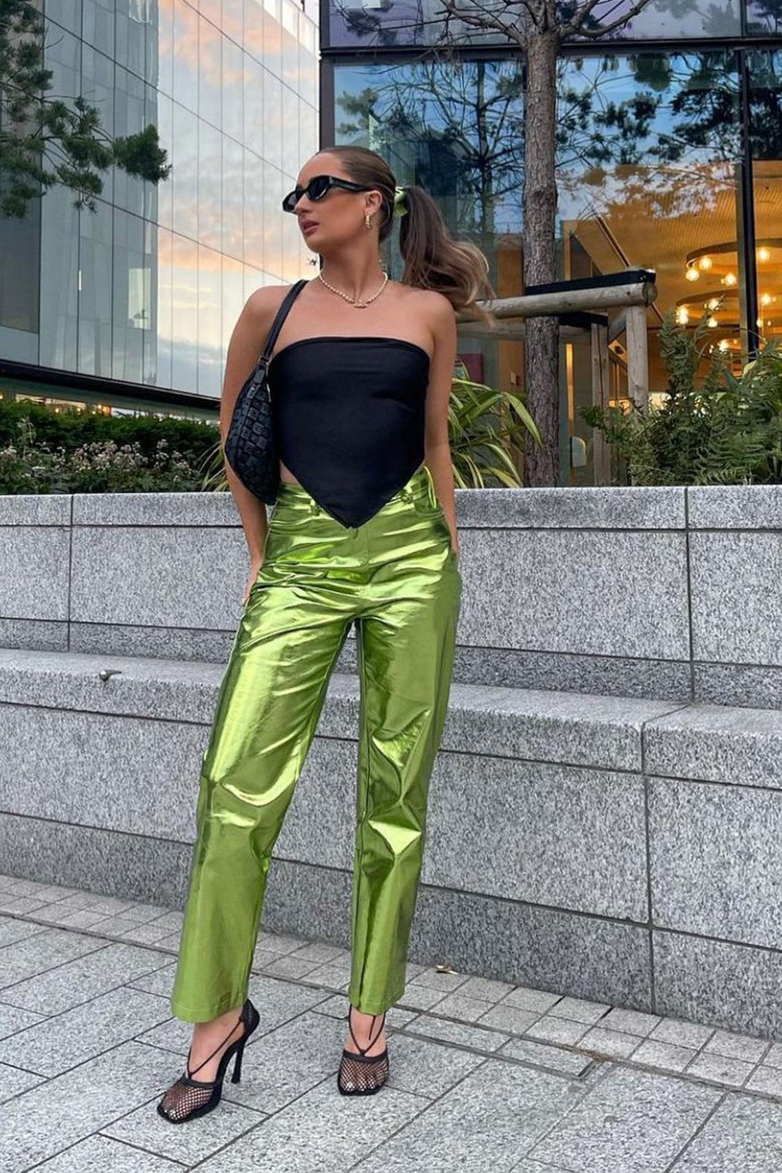 Lupe Green Metallic Straight Leg High Rise Vegan Leather Trousers | AmyLynn 