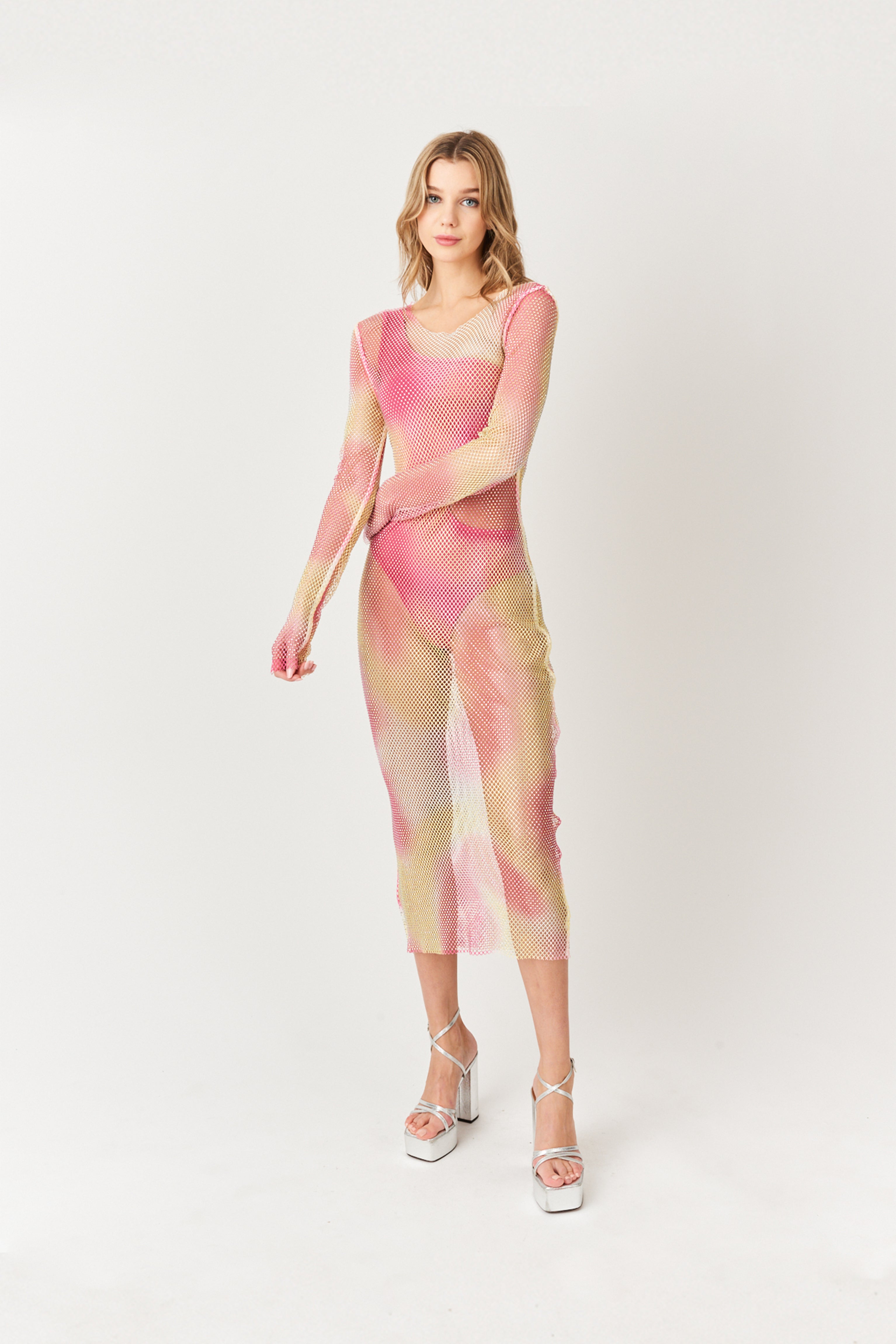 Dorit Pink and Yellow Sheer Fish Net Mesh Maxi Dress with Dip Dye Rhinestones