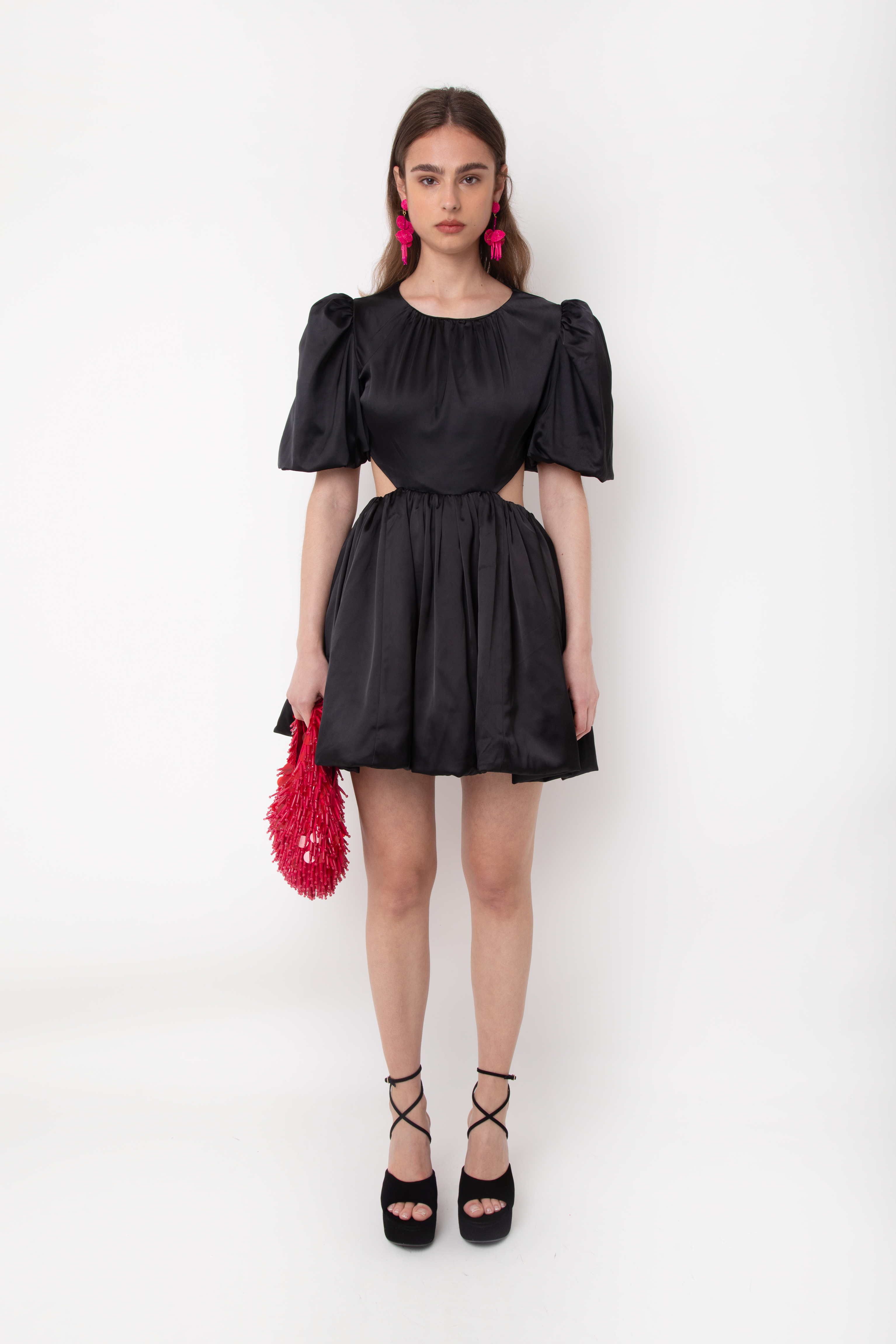 Martha Black Puffball Satin Mini Dress