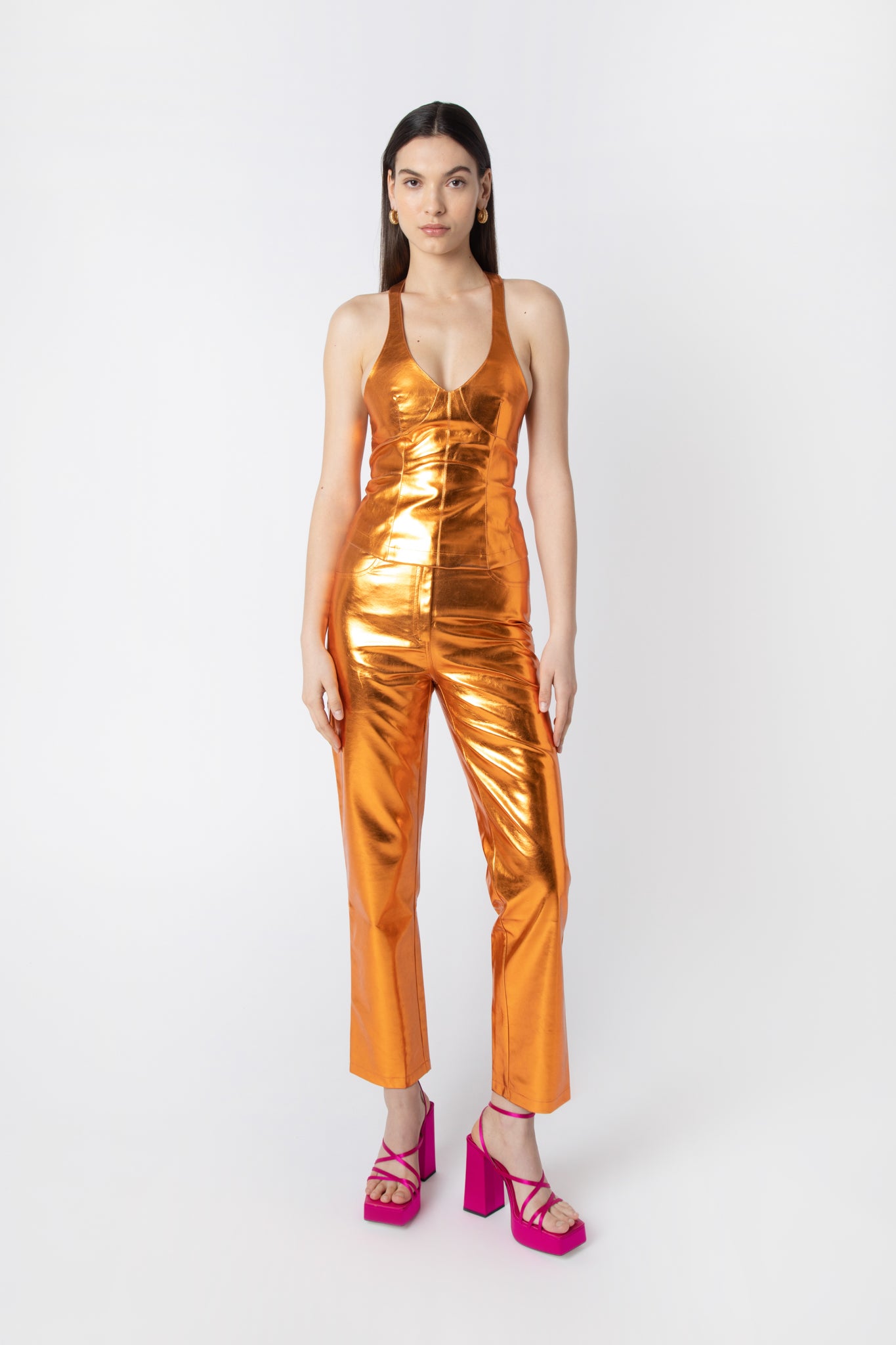 Lupe Shiny Orange Metallic PU High Waisted Straight Leg Trousers