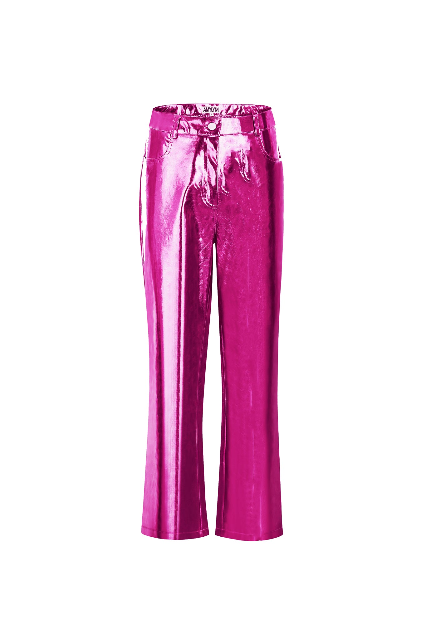 Lupe Magenta Pink Metallic Straight Leg High Rise Vegan Leather Trousers | AmyLynn 