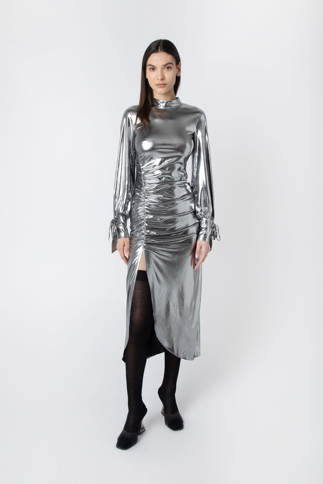 Stormi Silver Shiny Metallic Ruched Midi Dress