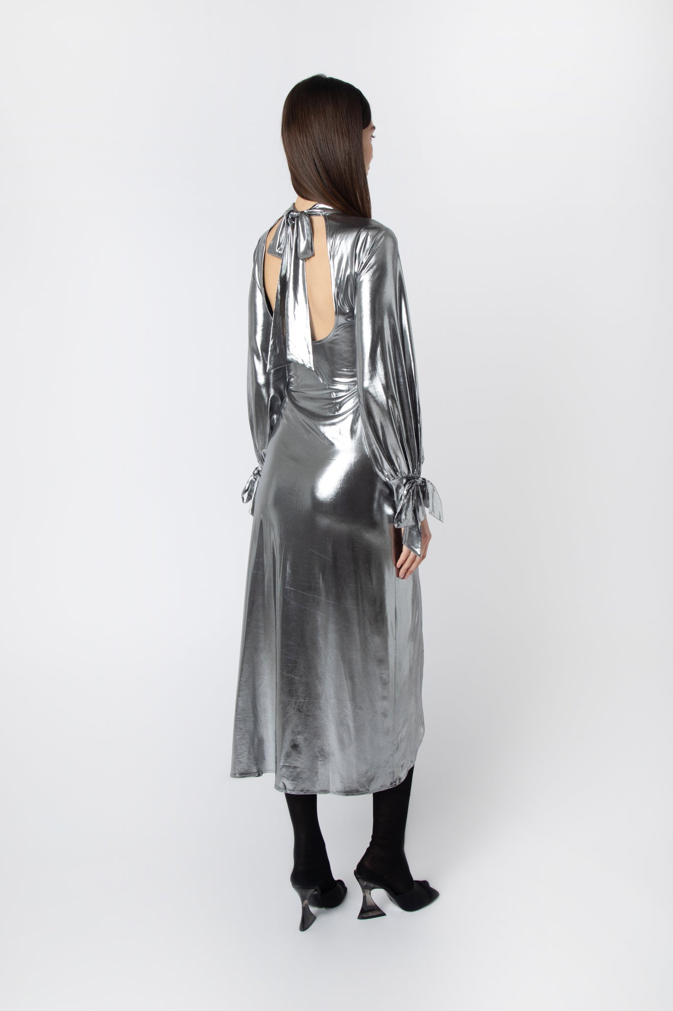 Stormi Silver Shiny Metallic Ruched Midi Dress