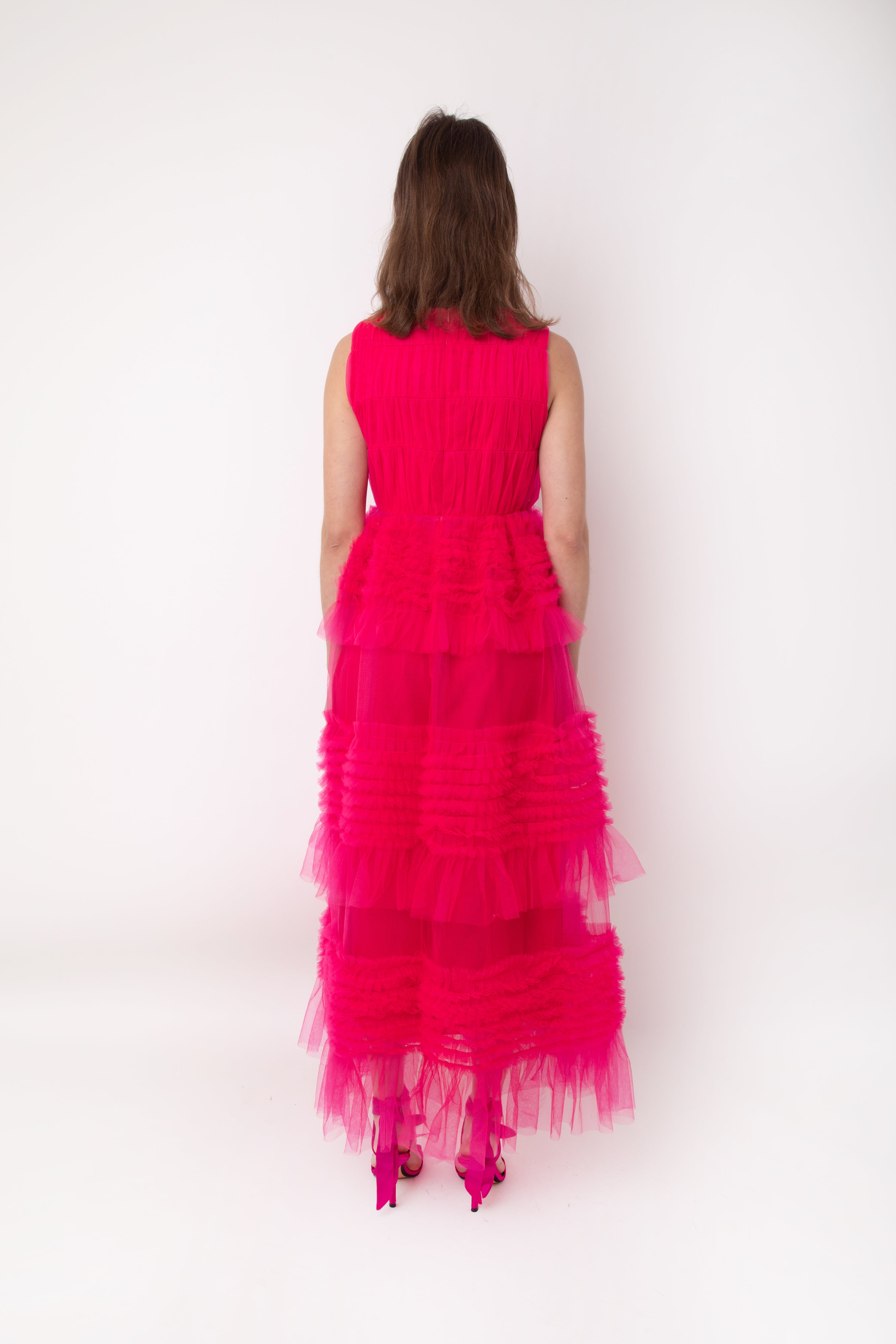 Honor Pink Tiered Tulle Mesh Maxi Dress with V-Neck | AMYLYNN