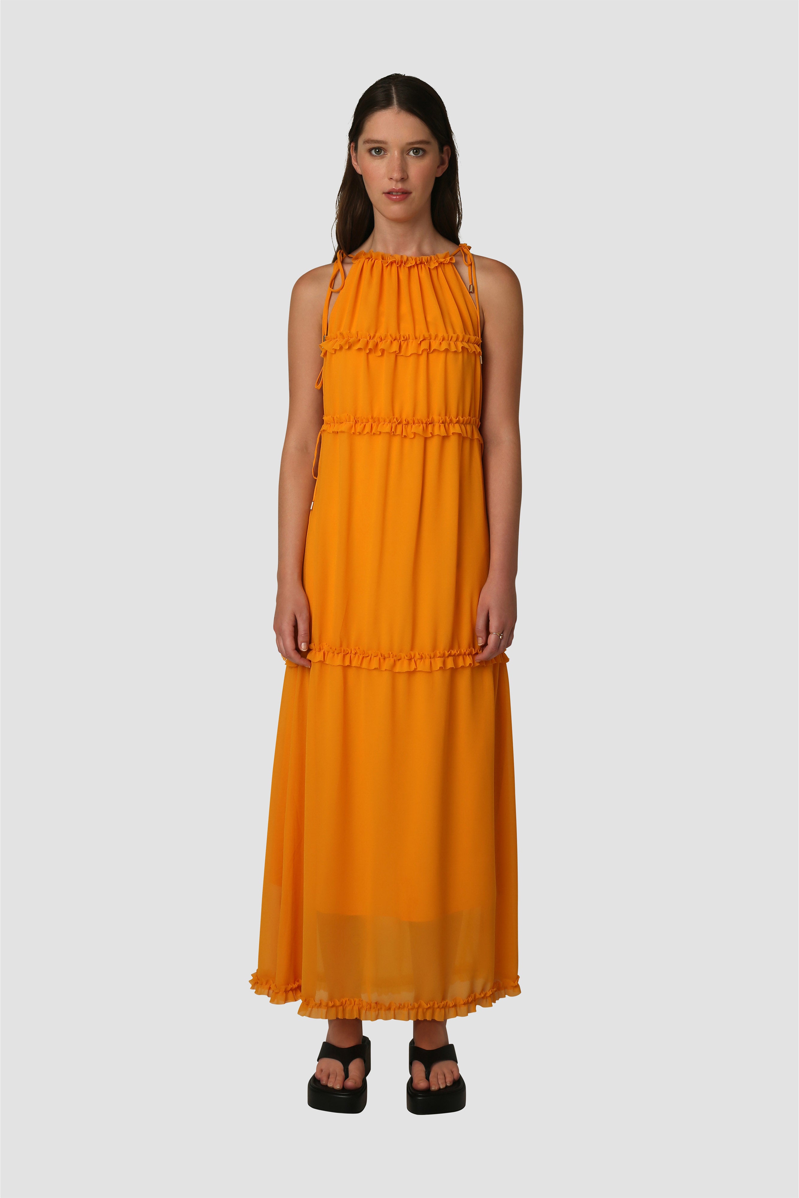 Dallas Summer Lightweight Orange Sleeveless Ruffle Maxi Dress