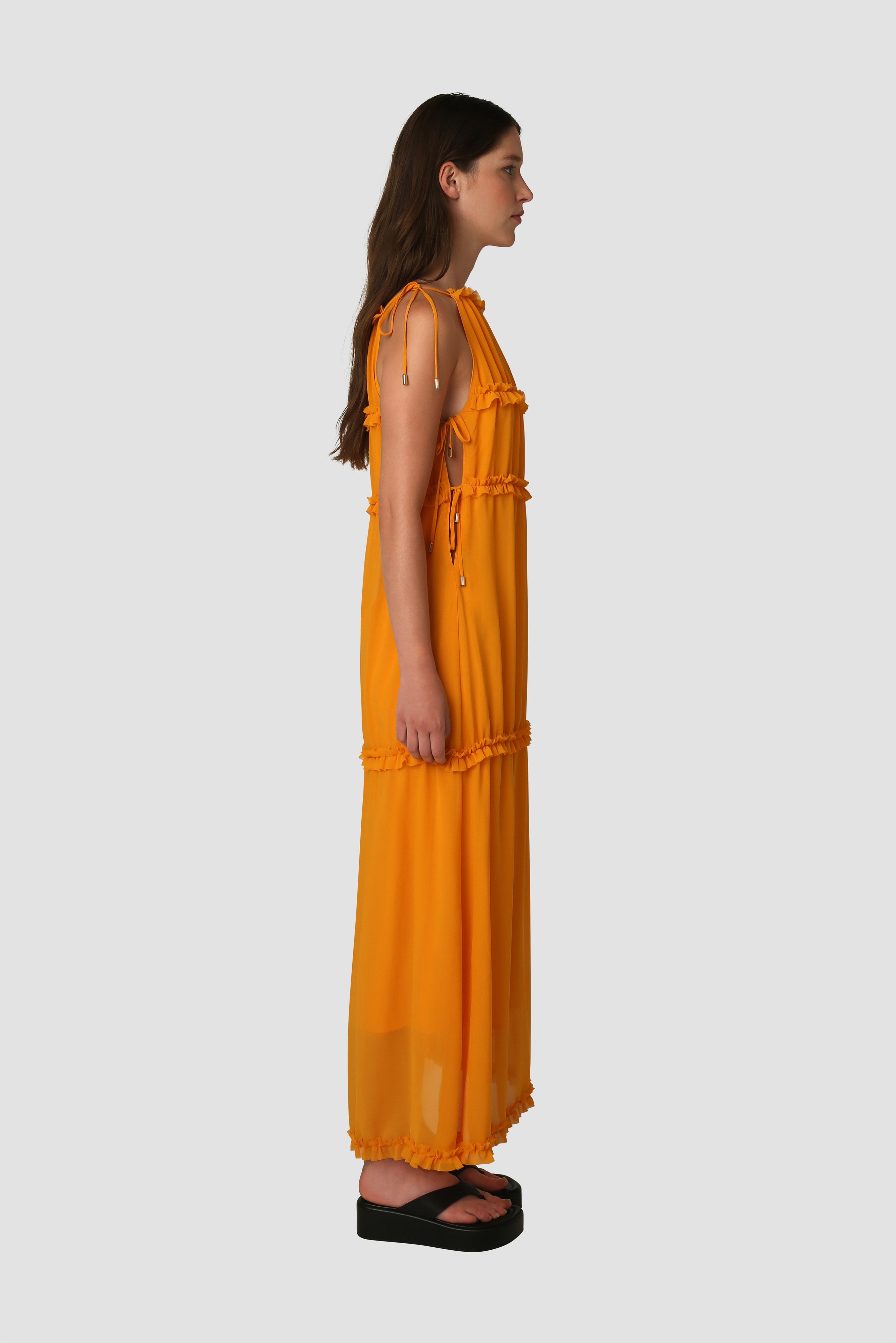 Dallas Summer Lightweight Orange Sleeveless Ruffle Maxi Dress