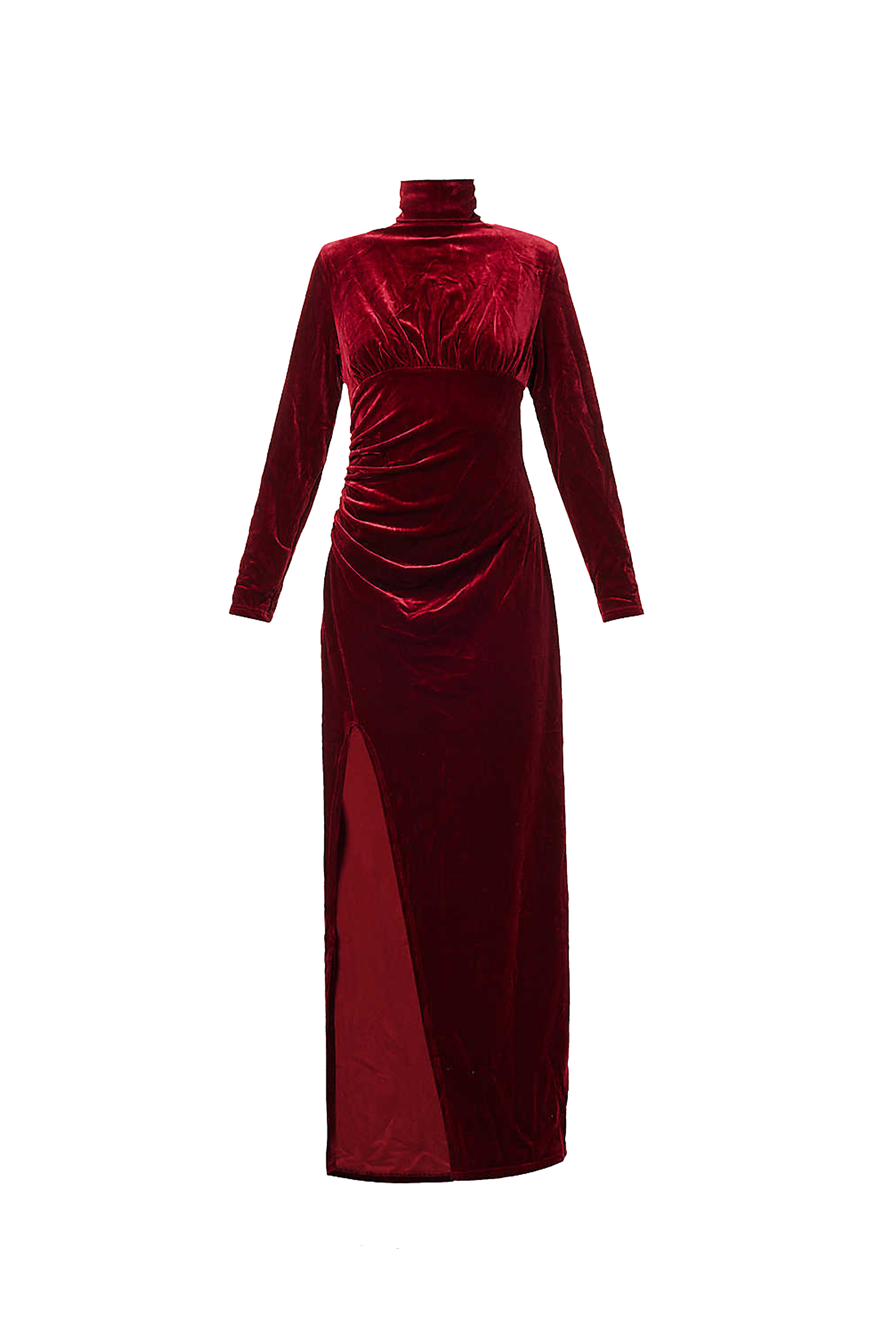 Sharron Burgundy Velvet High-neck Front Slit Midi Dress - Elegant Occasion-wear | AMYLYNN