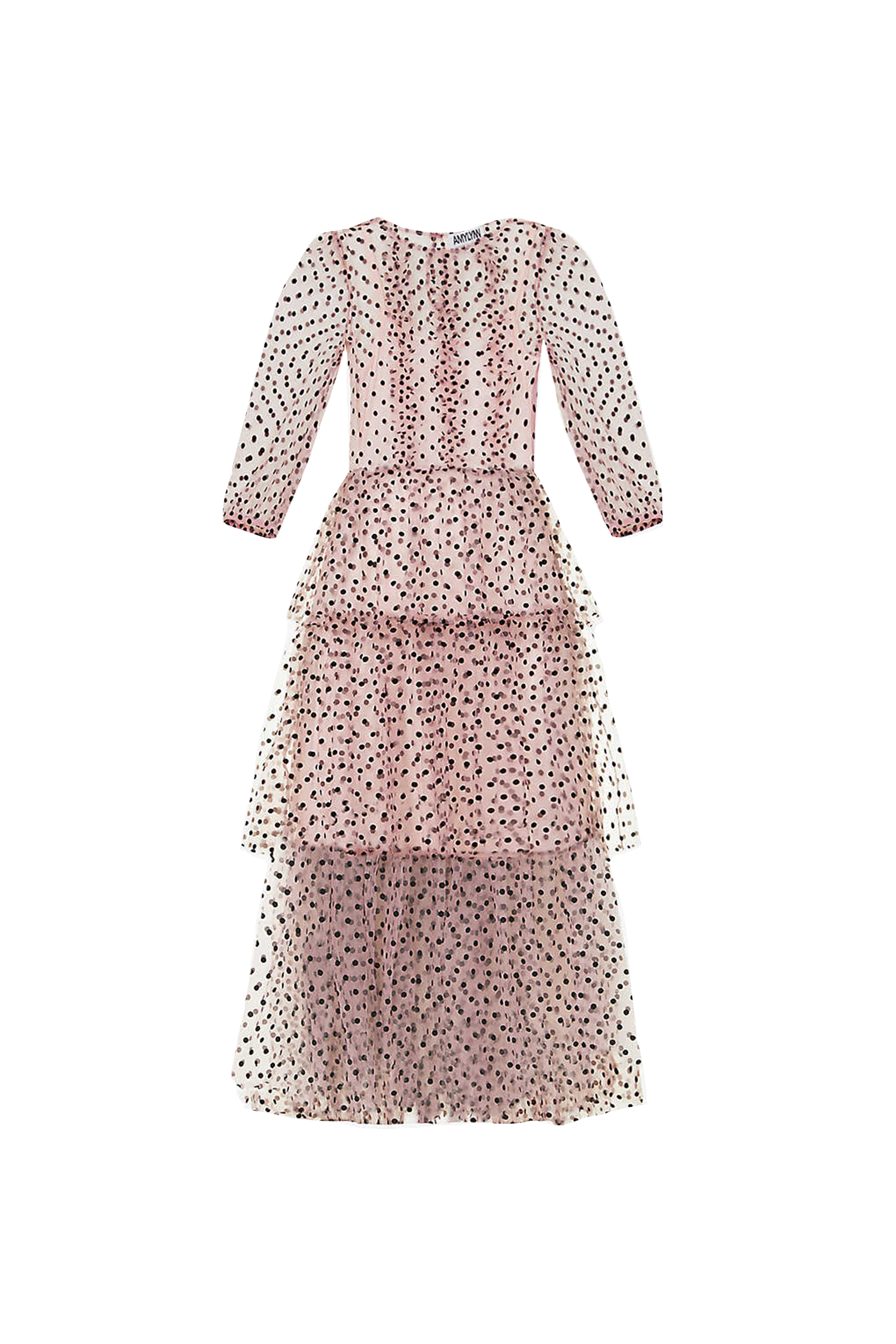 Annie Pink Spot Mesh Ruffle Tiered Midi Dress | AMYLYNN