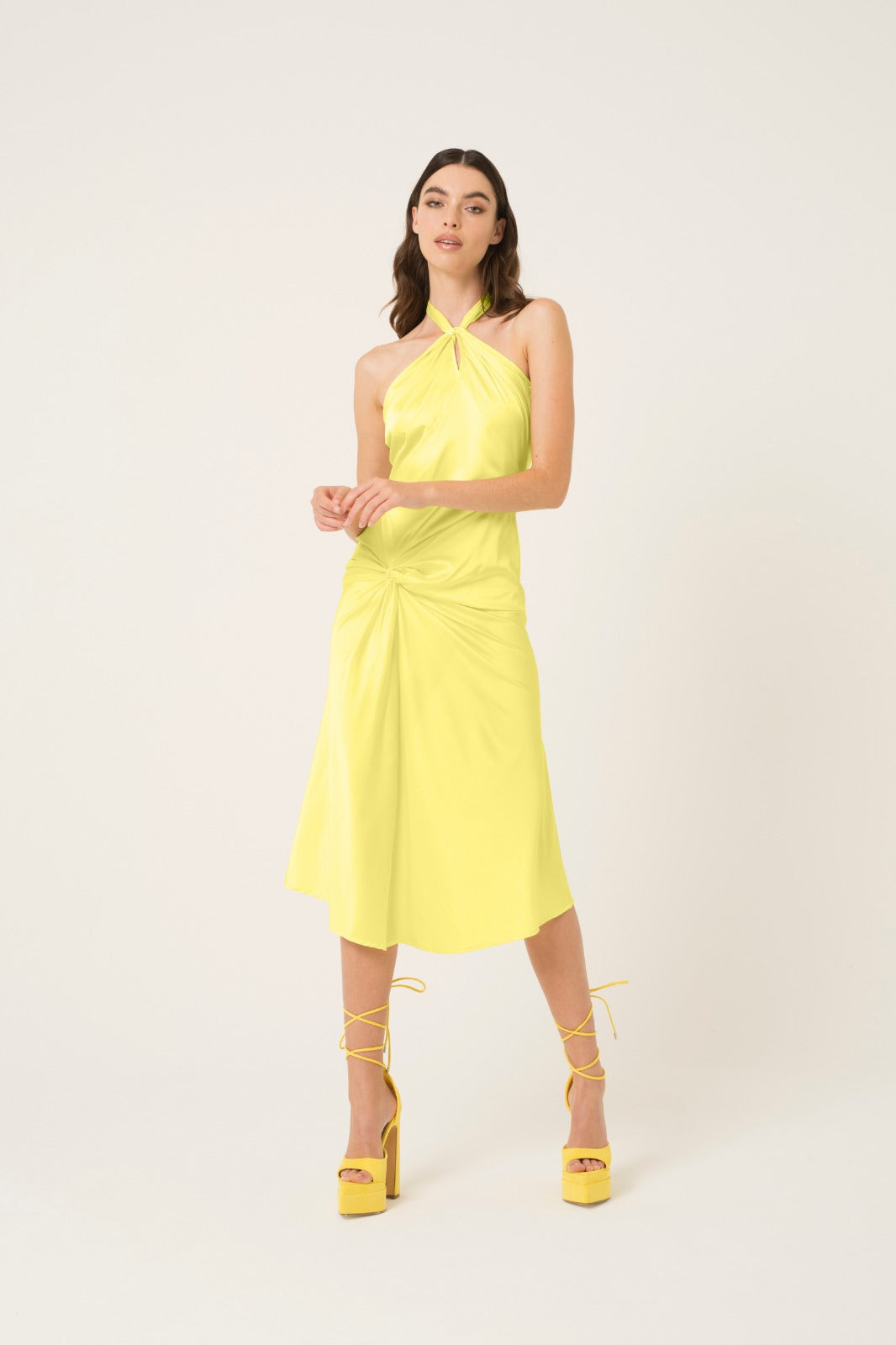 Serena Yellow Halter-neck Satin Midi Dress
