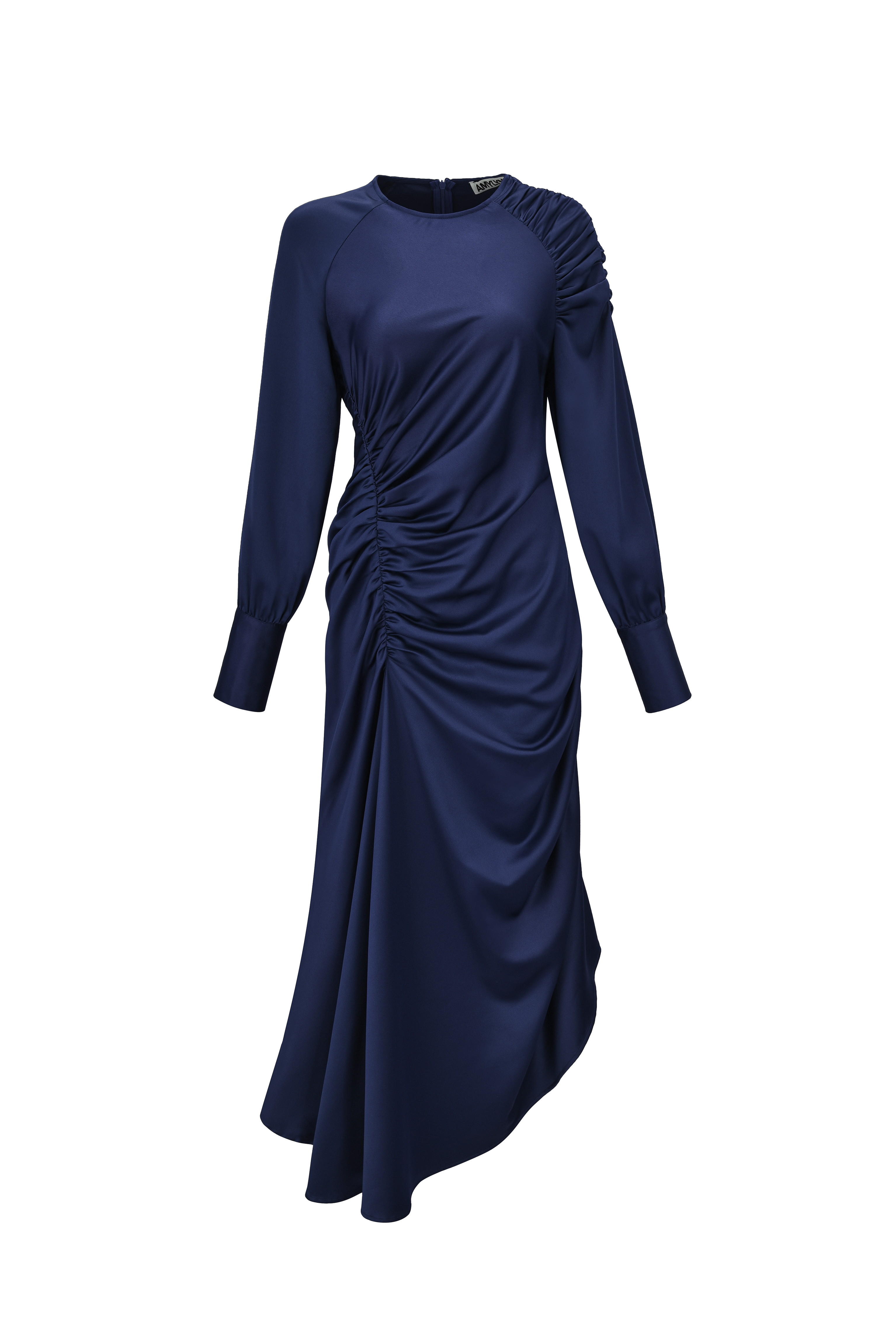 Amelia Navy Ruched Satin Midi Dress | AMYLYNN
